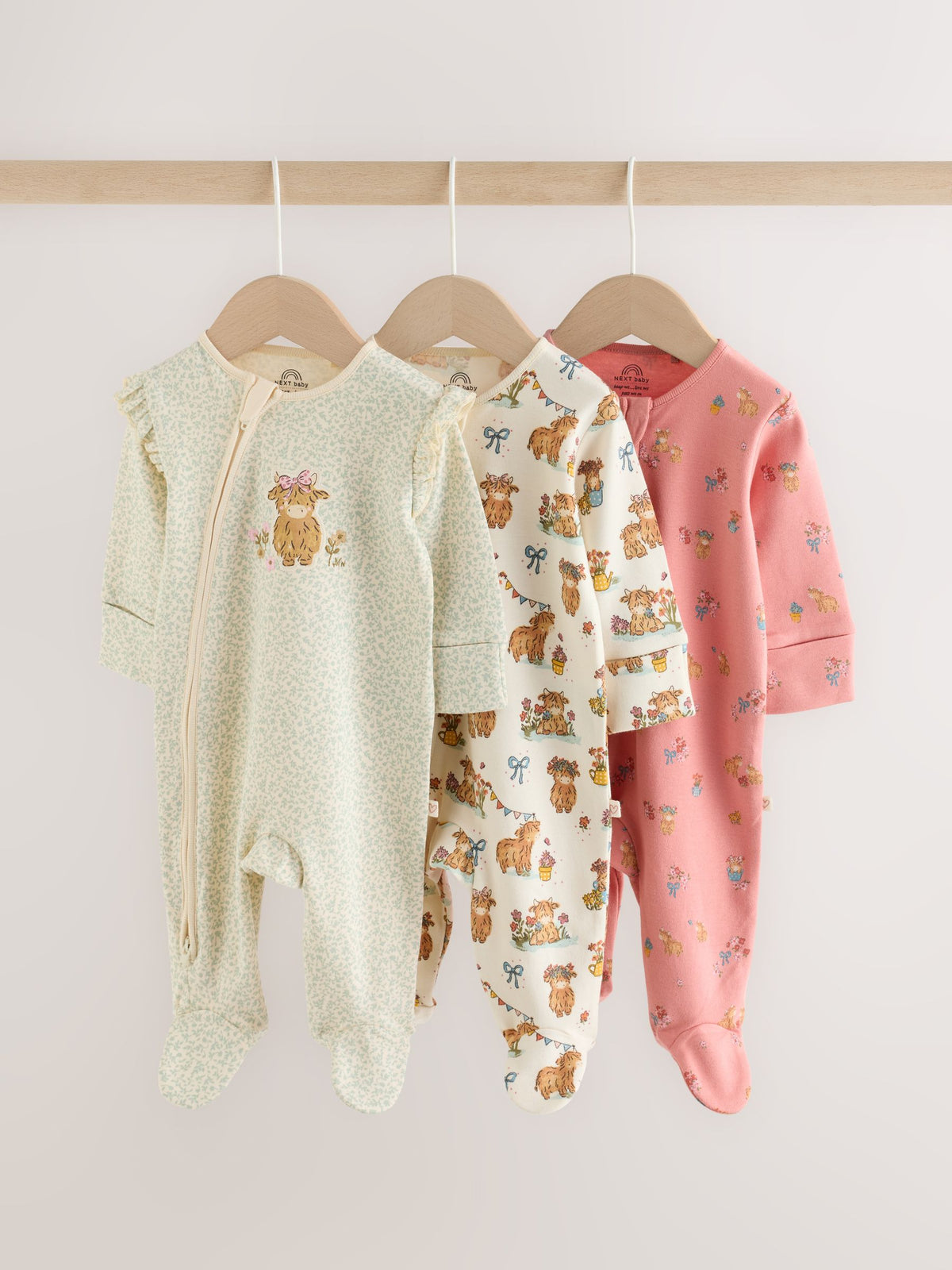 Pink/Green Hamish Two Way Zip Baby Sleepsuits 3 Pack (0-3yrs)