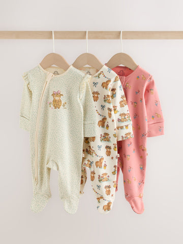 Pink/Green Hamish Two Way Zip Baby Sleepsuits 3 Pack (0-3yrs)