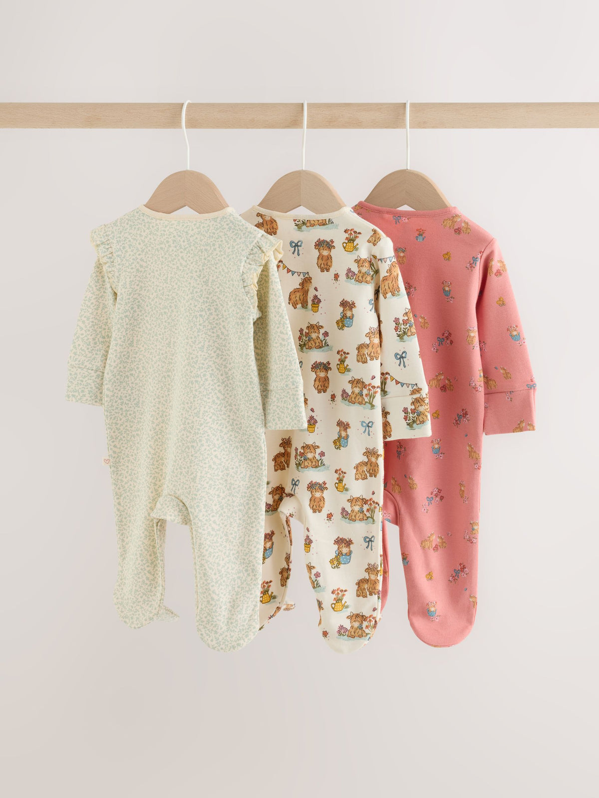 Pink/Green Hamish Two Way Zip Baby Sleepsuits 3 Pack (0-3yrs)