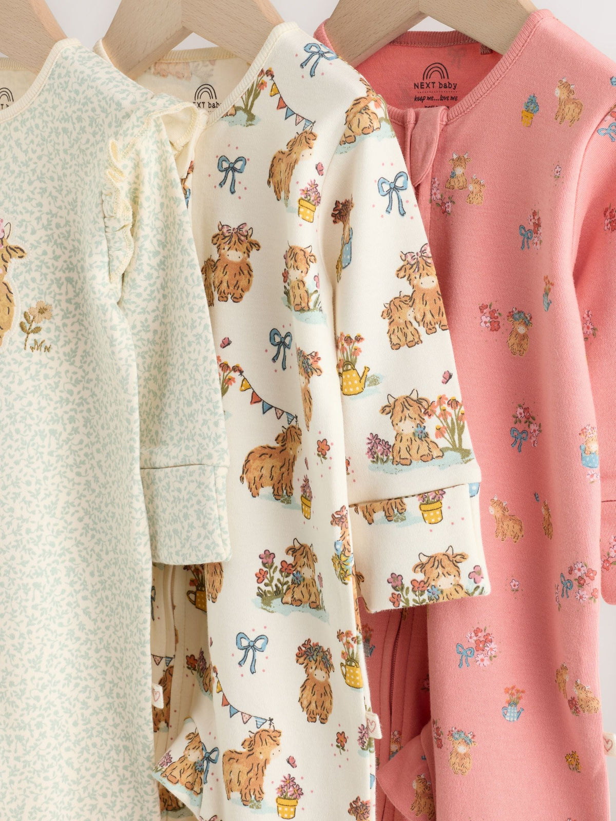 Pink/Green Hamish Two Way Zip Baby Sleepsuits 3 Pack (0-3yrs)