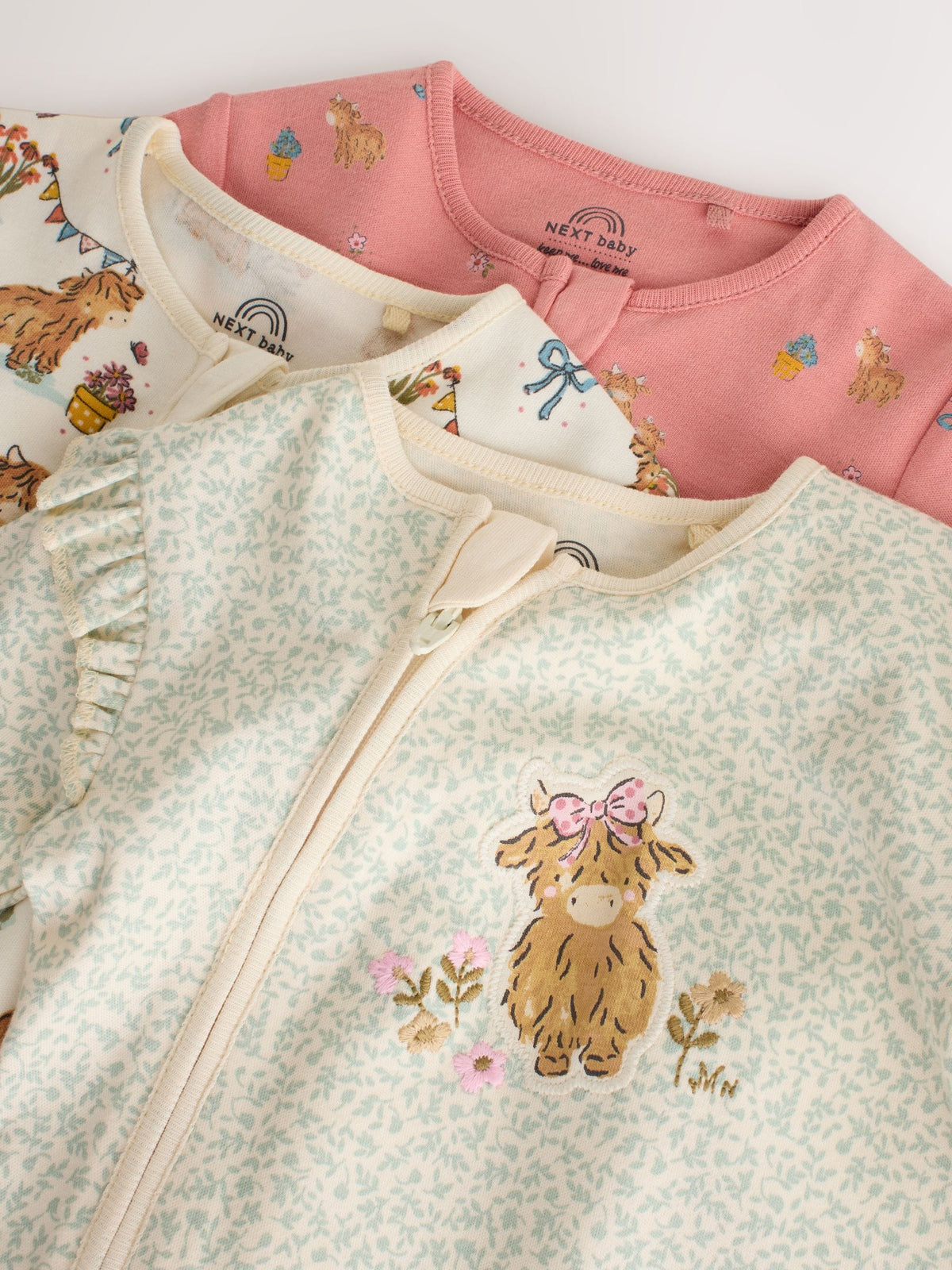 Pink/Green Hamish Two Way Zip Baby Sleepsuits 3 Pack (0-3yrs)
