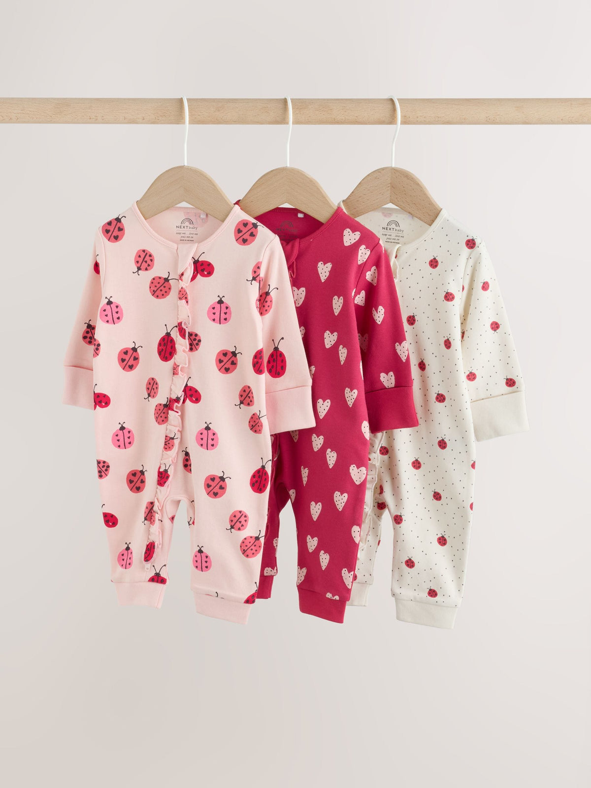Red Ladybird Two Way Zip Baby Sleepsuit 3 Pack (0mths-3yrs)