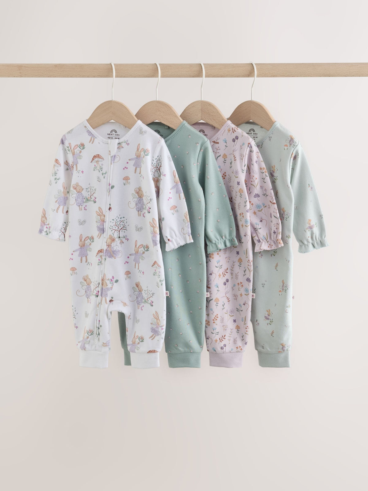 Lilac/Sage Fairy Mouse Two Way Zip Baby Sleepsuits 4 Pack (0mths-3yrs)