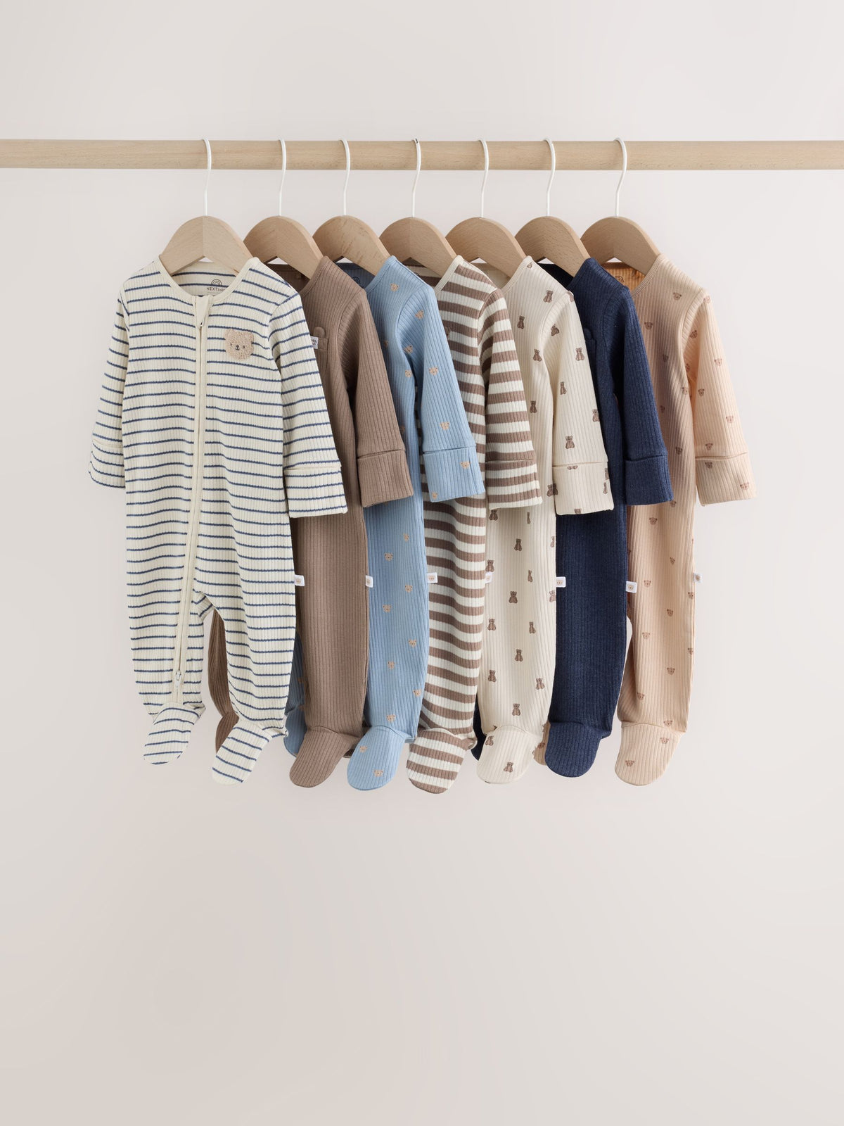 Neutral/Brown Bear Two Way Zip Baby Sleepsuits 7 Pack (0mths-2yrs)