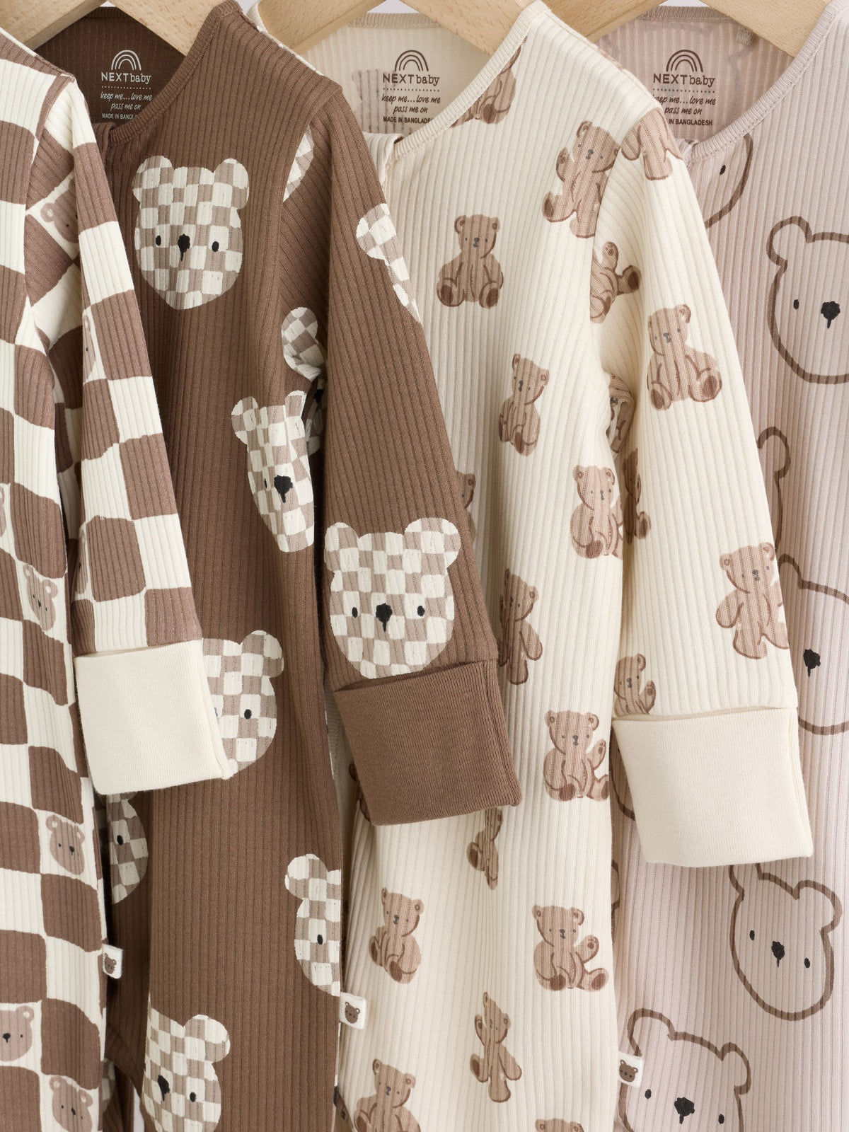 Brown Bear Two Way Zip Baby Sleepsuits 4 Pack (0mths-3yrs)