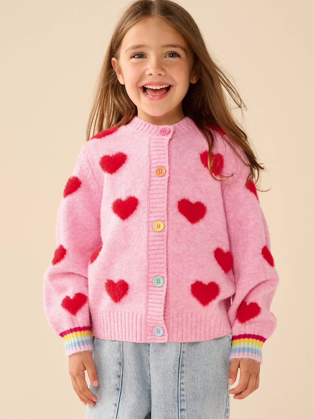 Little Bird by Jools Oliver Pink & Red Fluffy Heart Cardigan