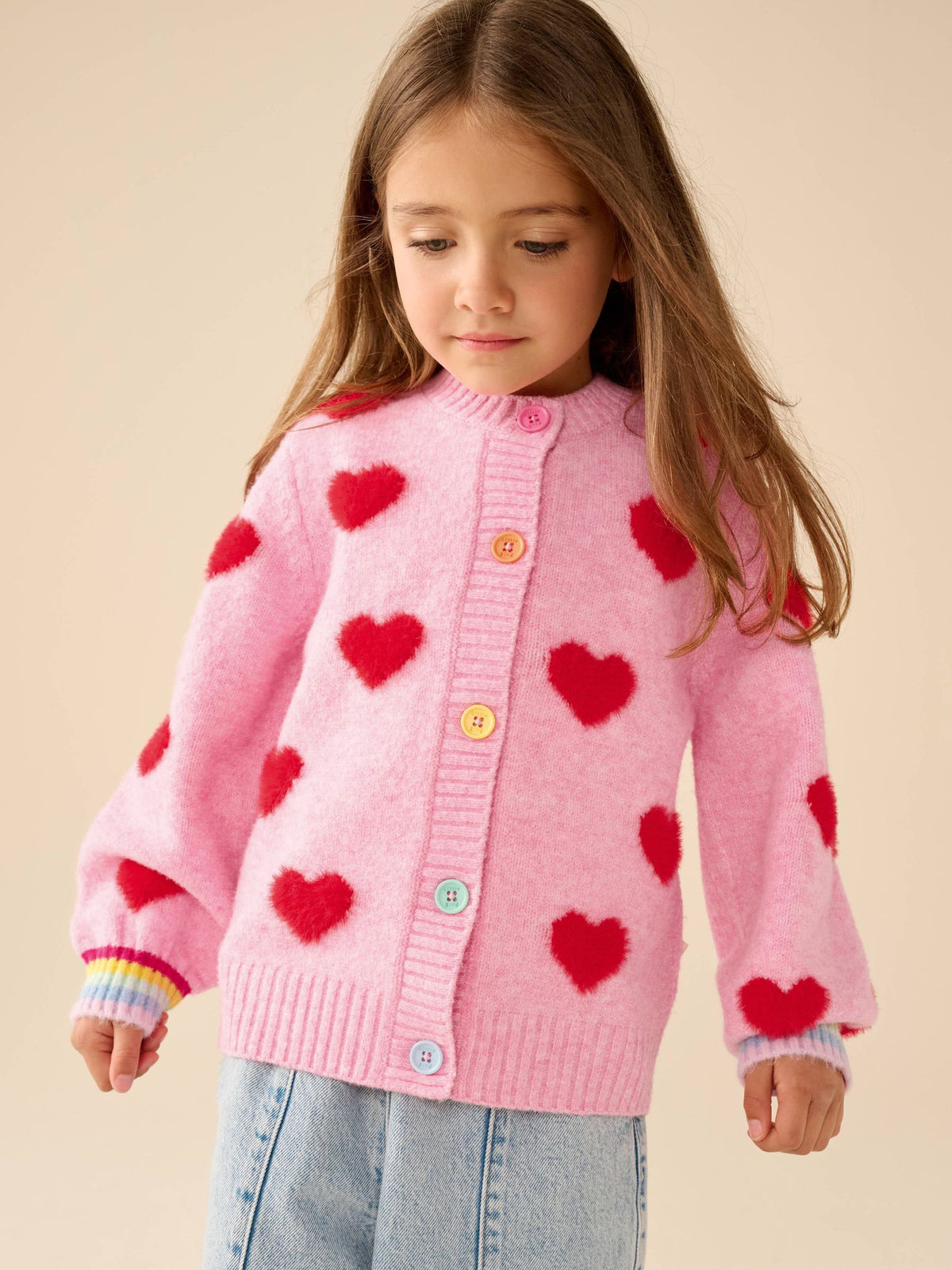Little Bird by Jools Oliver Pink & Red Fluffy Heart Cardigan