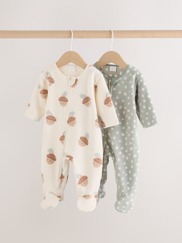 Sage Green Microfleece Two Way Zip Baby Sleepsuits 2 Pack