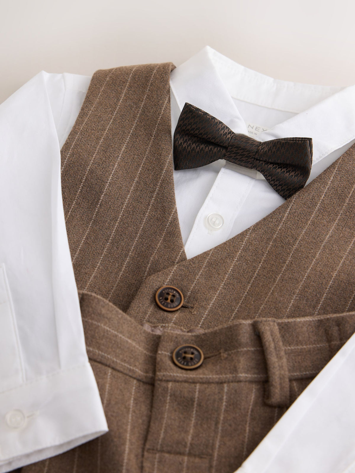 Brown Pinstripe Waistcoat Shirt Trousers & Bow Tie Set (3mths-9yrs)