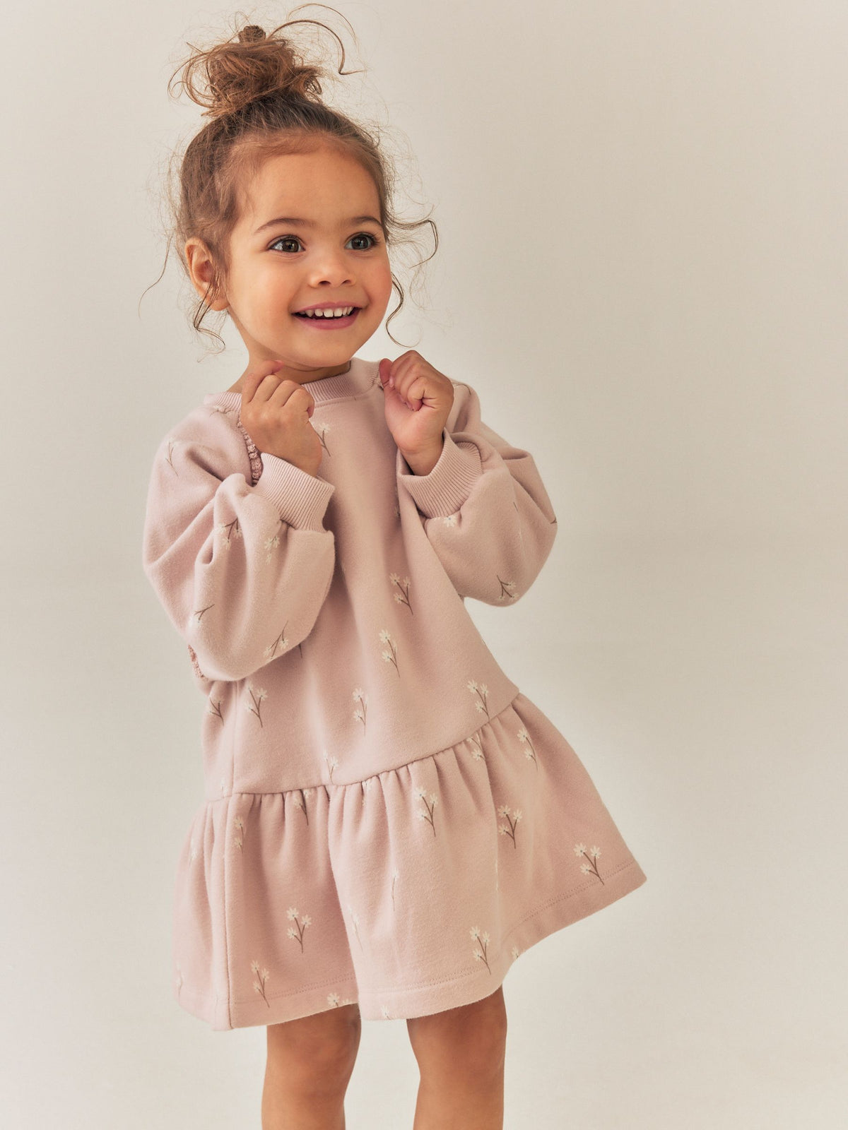 Cream Pink Ditsy Floral Long Sleeve Sweat Dress (3mths-7yrs)