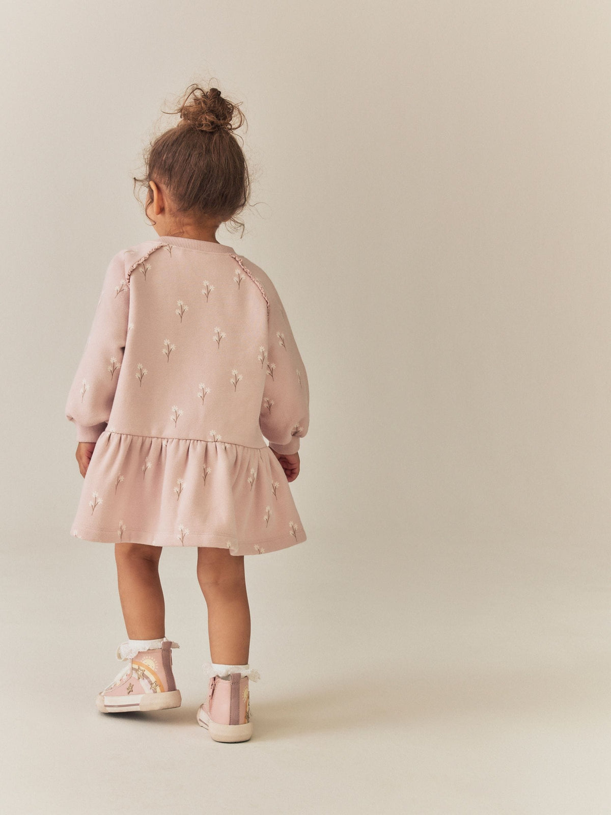 Cream Pink Ditsy Floral Long Sleeve Sweat Dress (3mths-7yrs)