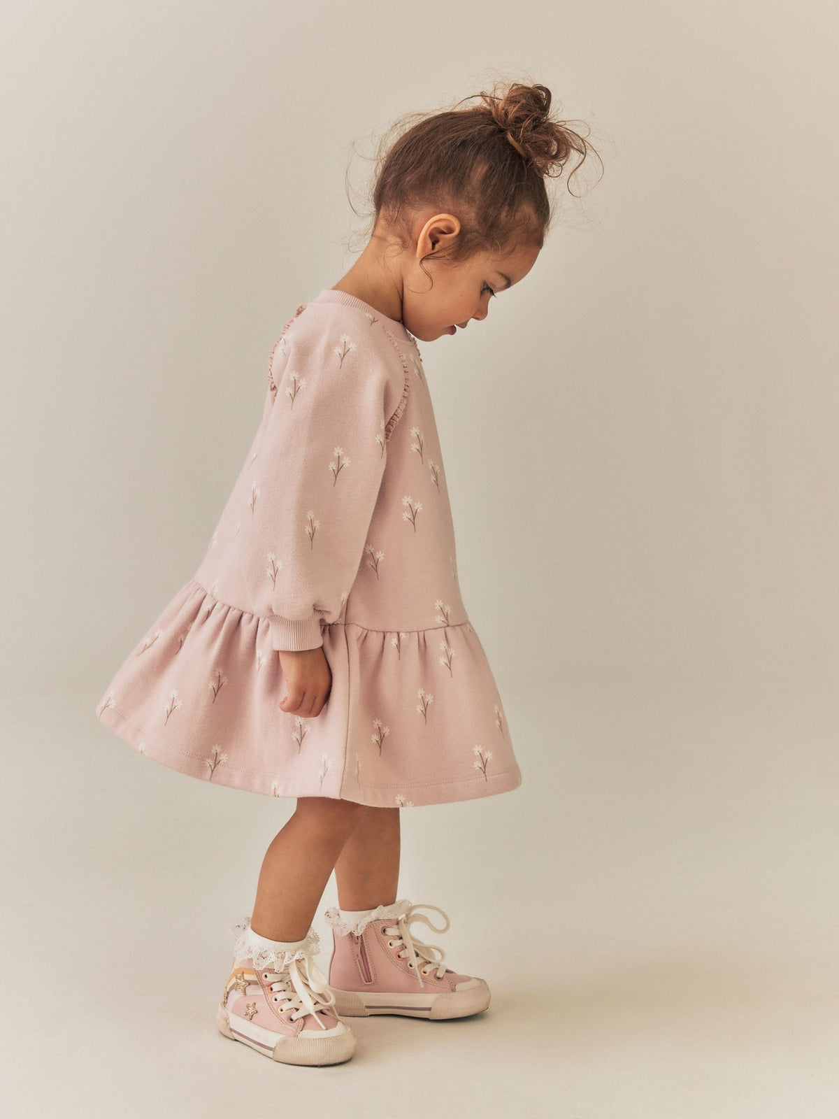 Cream Pink Ditsy Floral Long Sleeve Sweat Dress (3mths-7yrs)