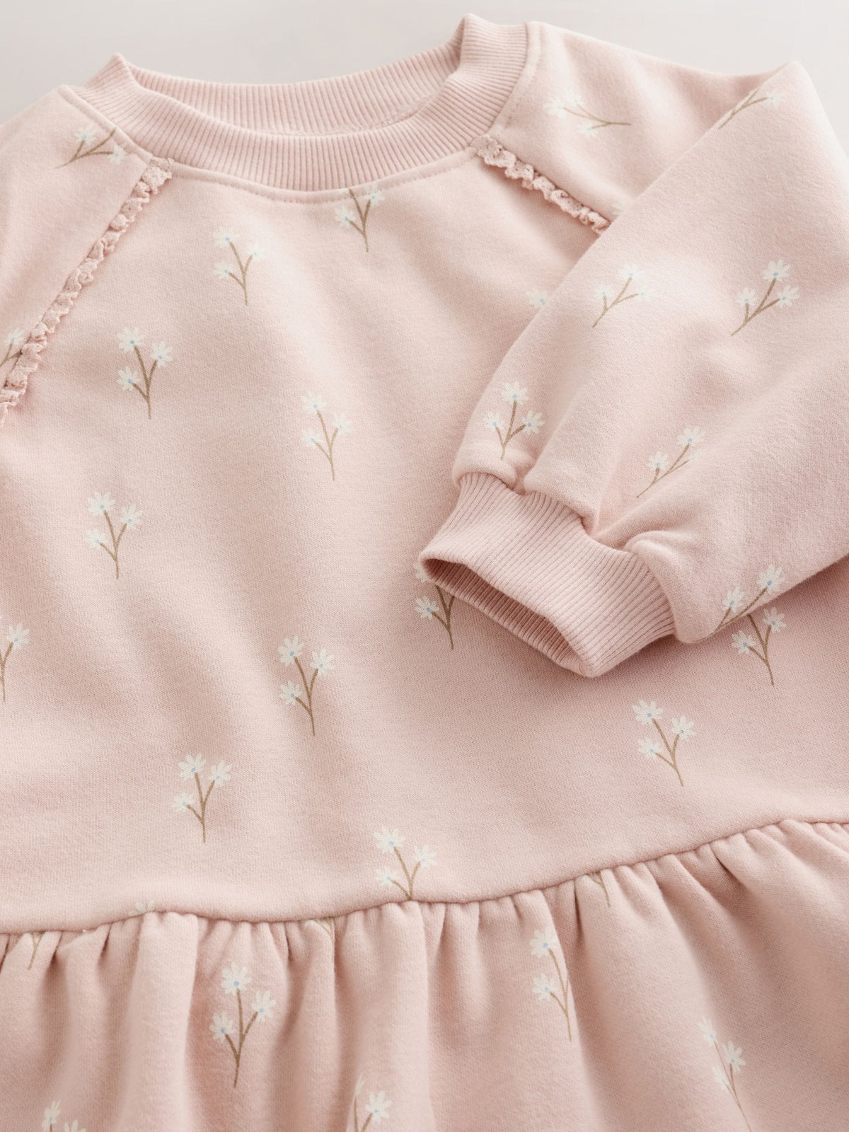 Cream Pink Ditsy Floral Long Sleeve Sweat Dress (3mths-7yrs)