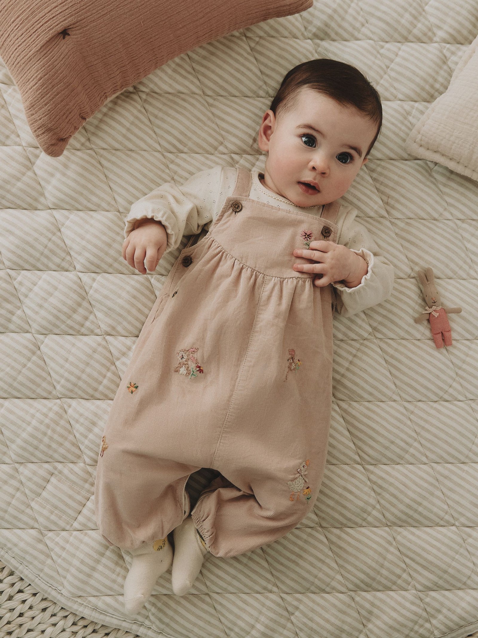 Ecru Bunny Baby Cord Dungarees And Long Sleeve Bodysuits 2 Piece Set (0mths-2yrs)