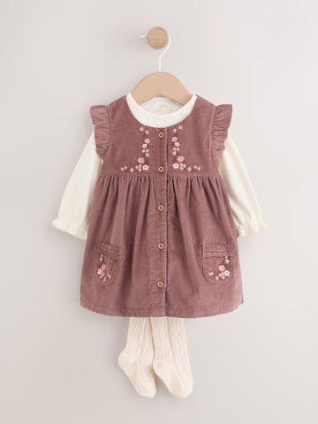 Chocolate Brown Floral Baby Pinafore Bodysuit And Tights 3 Piece Set (0mths-2yrs)