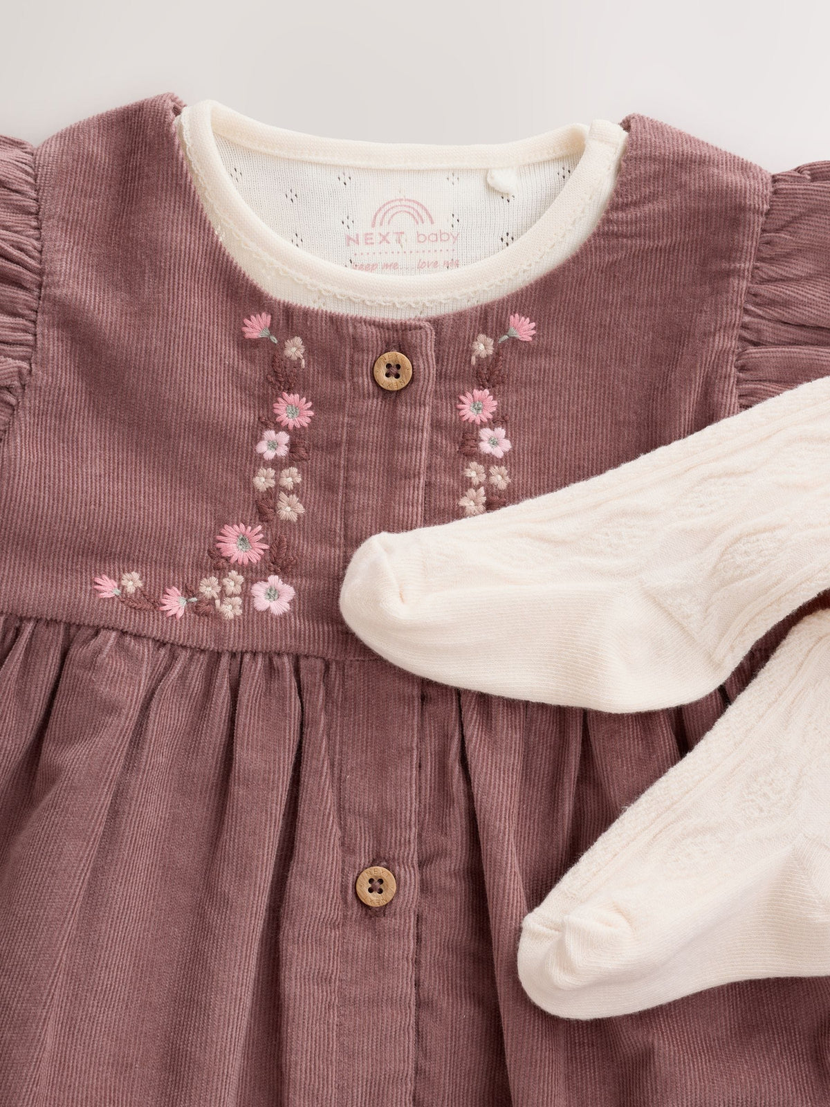 Chocolate Brown Floral Baby Pinafore Bodysuit And Tights 3 Piece Set (0mths-2yrs)