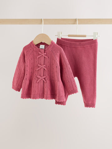 Pink Frill Knitted Bow Baby Cardigan & Leggings Set 2 Piece (0mths-2yrs)