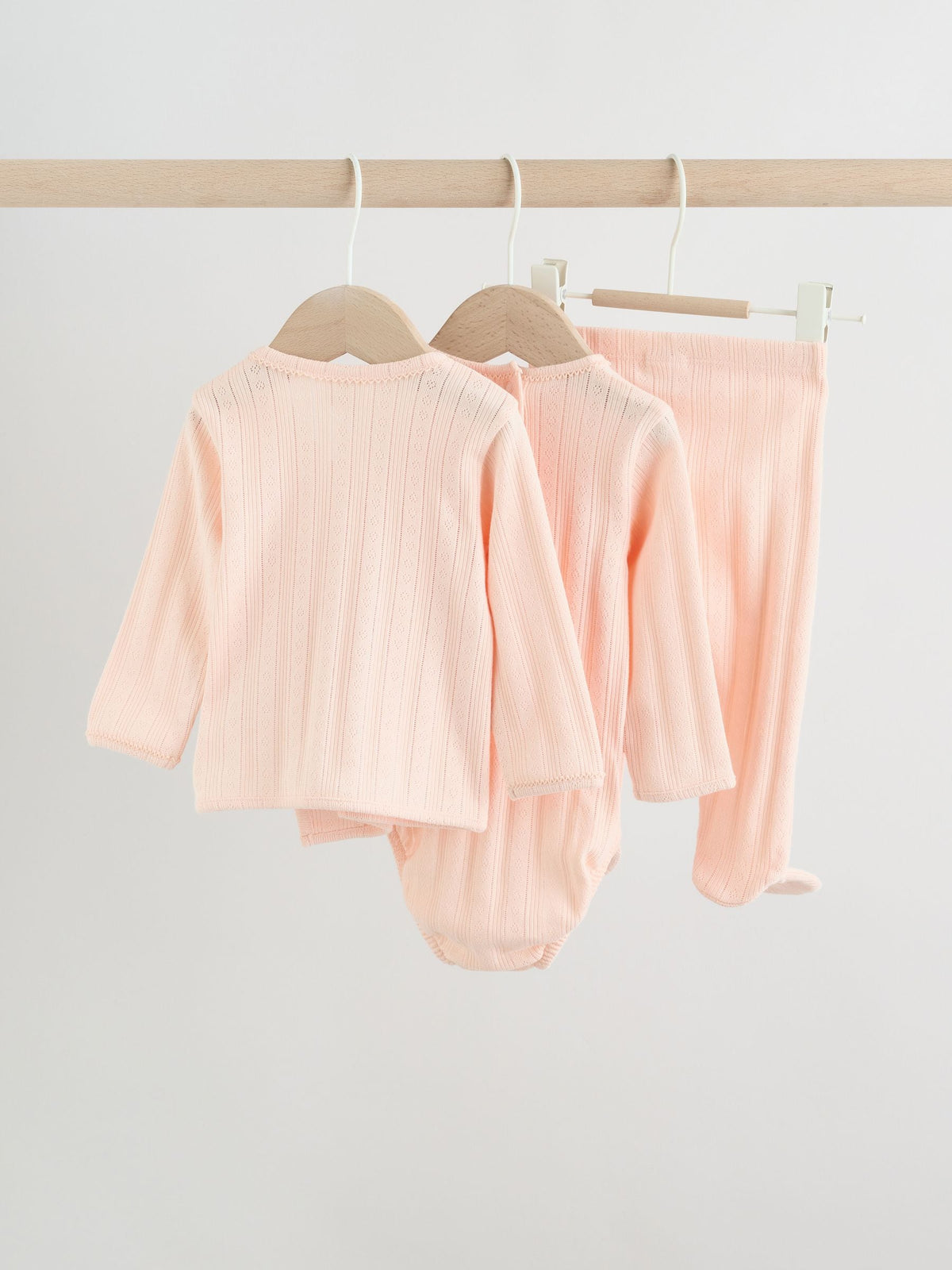 Pink Pointelle Bodysuit Leggings And Cardigan Baby Set 3 Piece (0-9mths)