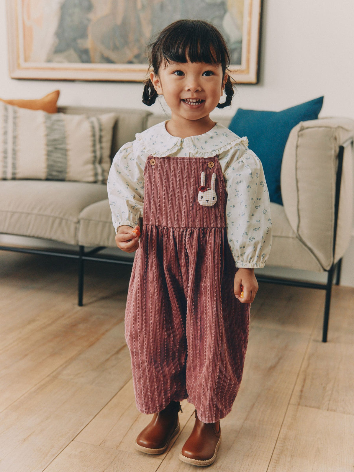 Pink Corduroy/ Ecru Ditsy Blouse & Dungarees Set 2 Piecs (3mths-7yrs)