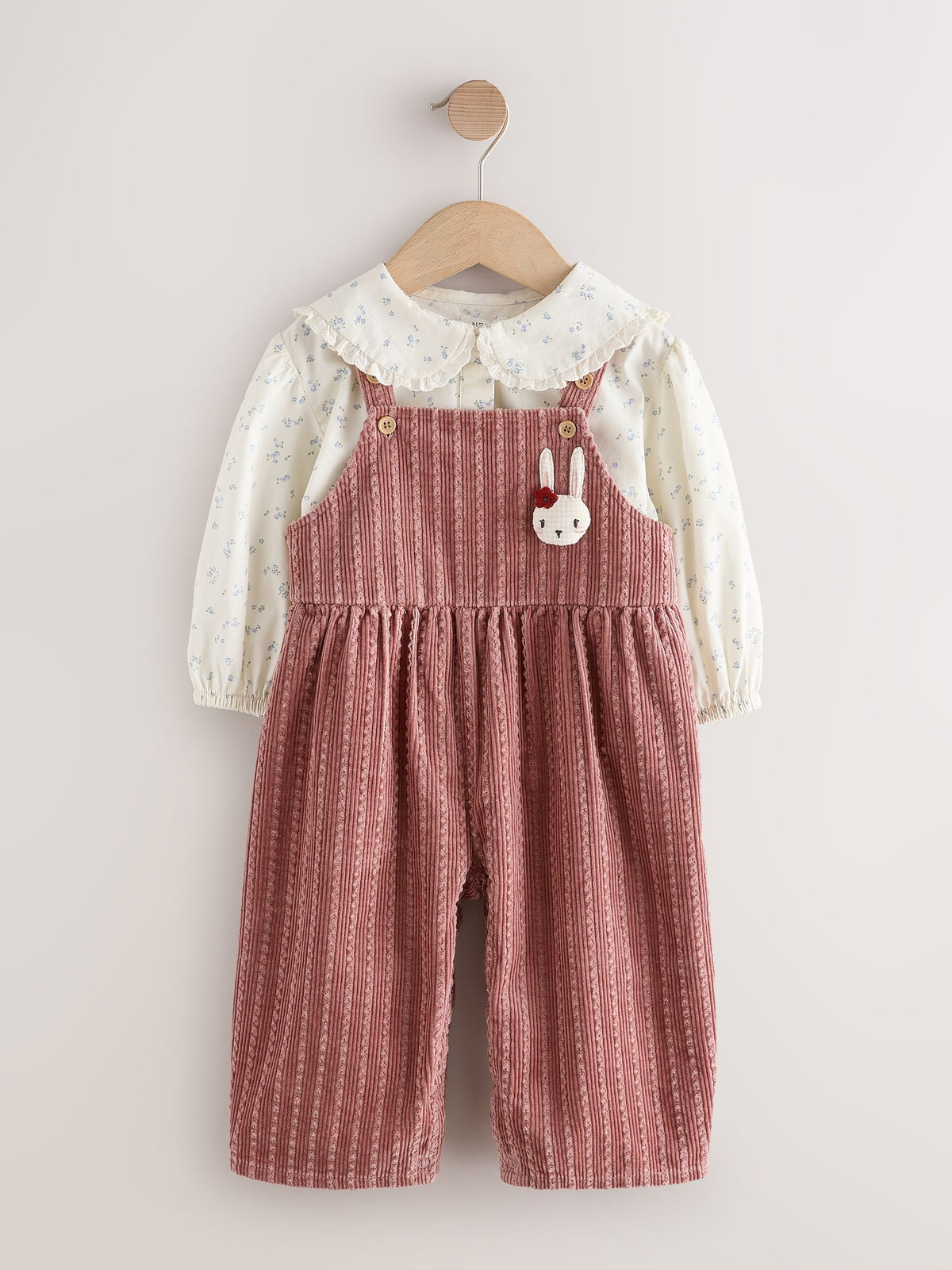 Pink Corduroy/ Ecru Ditsy Blouse & Dungarees Set 2 Piecs (3mths-7yrs)