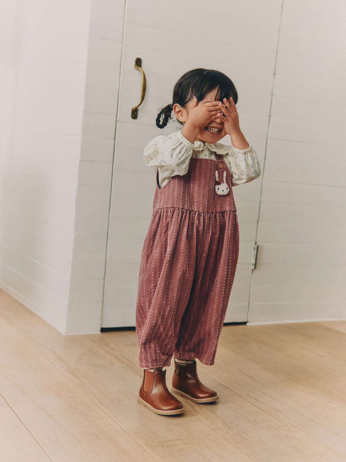 Pink Corduroy/ Ecru Ditsy Blouse & Dungarees Set 2 Piecs (3mths-7yrs)