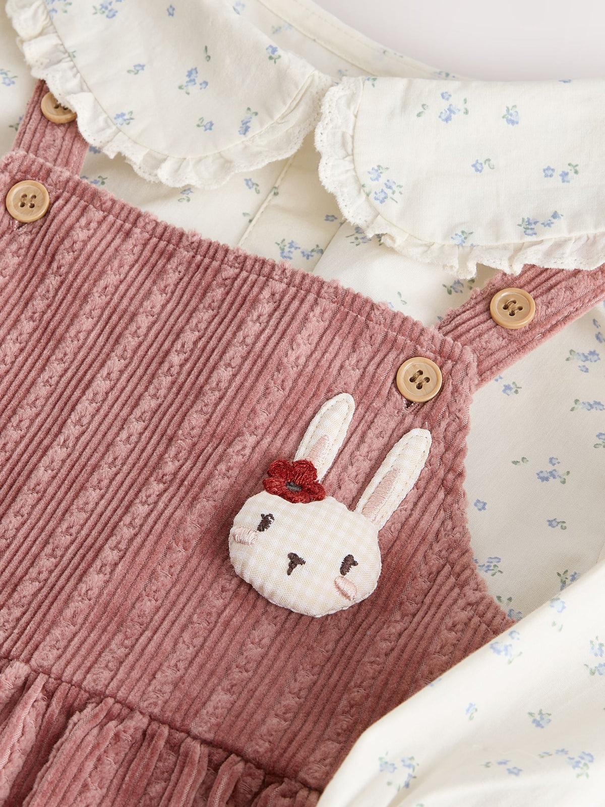 Pink Corduroy/ Ecru Ditsy Blouse & Dungarees Set 2 Piecs (3mths-7yrs)