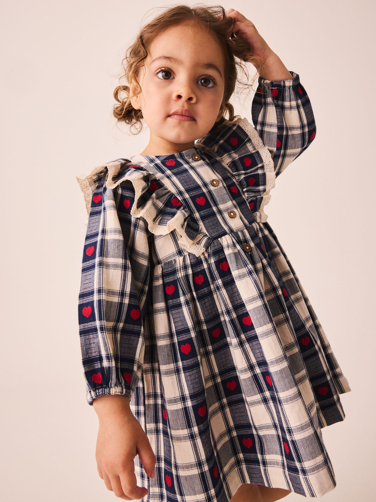 Navy Blue Heart Check Frill Collar Long Sleeve Dress (3mths-8yrs)