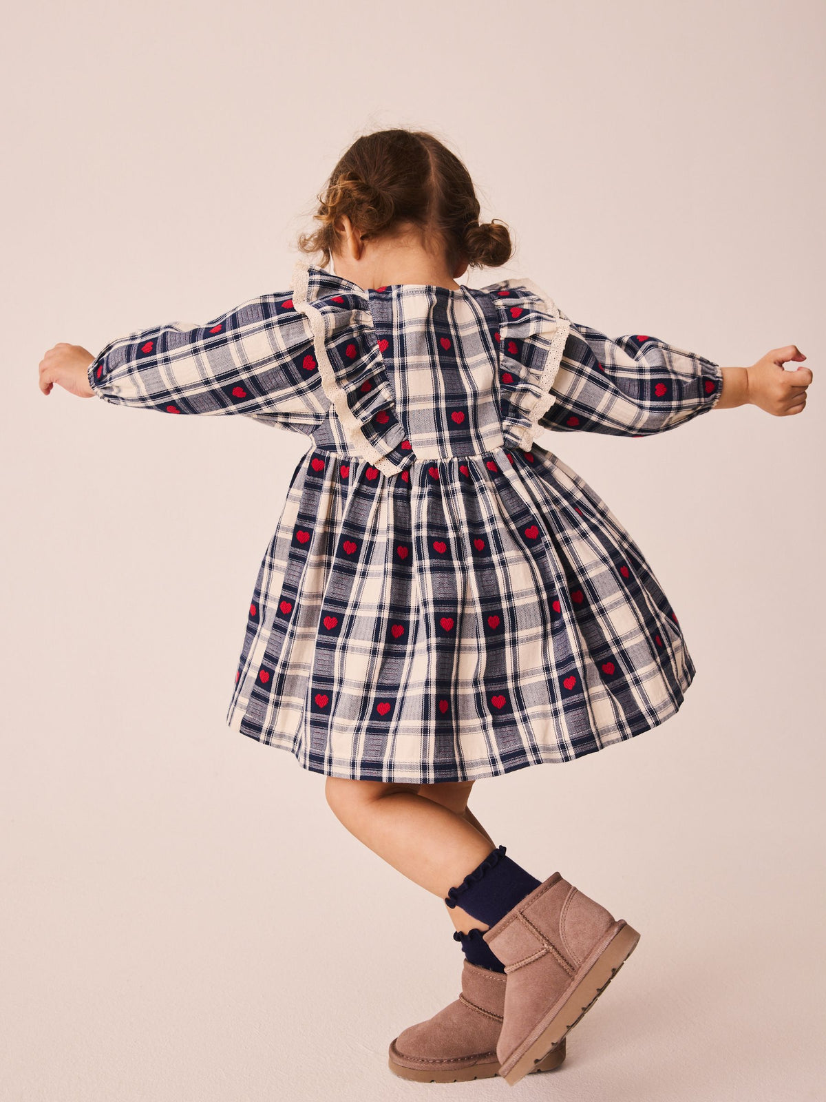 Navy Blue Heart Check Frill Collar Long Sleeve Dress (3mths-8yrs)