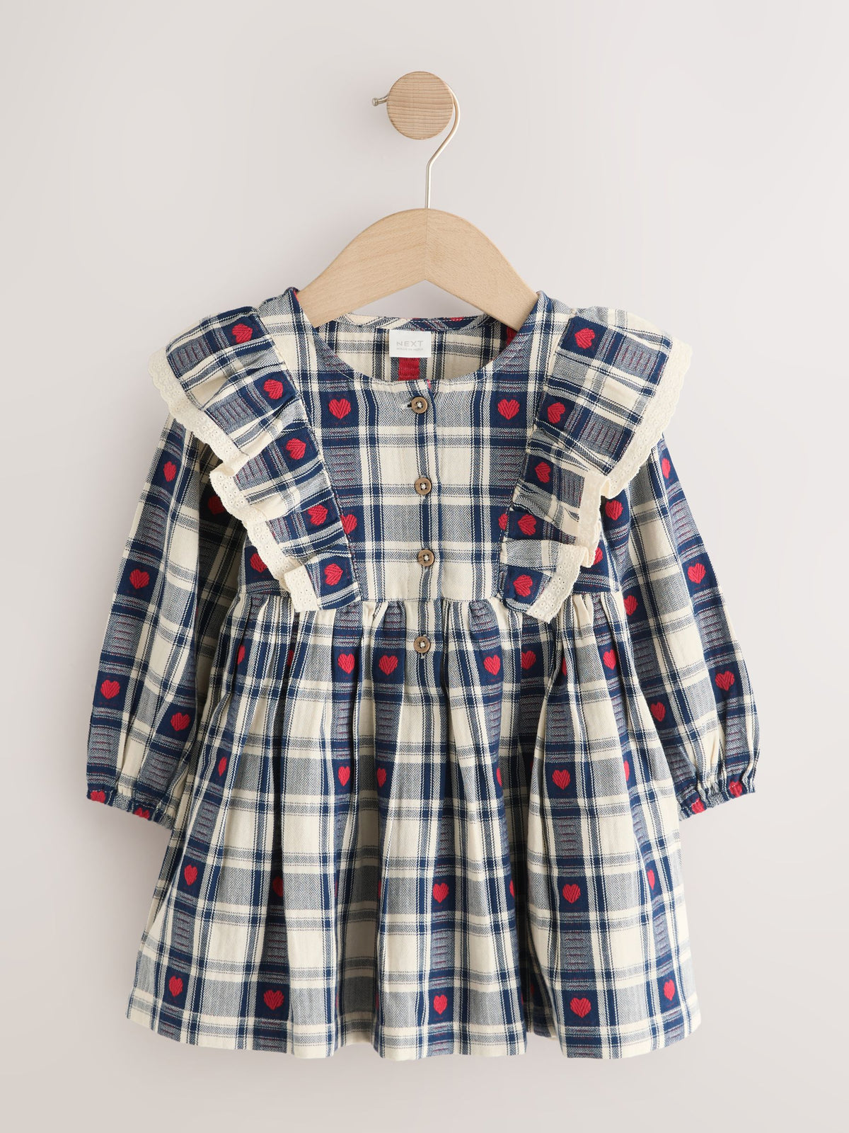 Navy Blue Heart Check Frill Collar Long Sleeve Dress (3mths-8yrs)