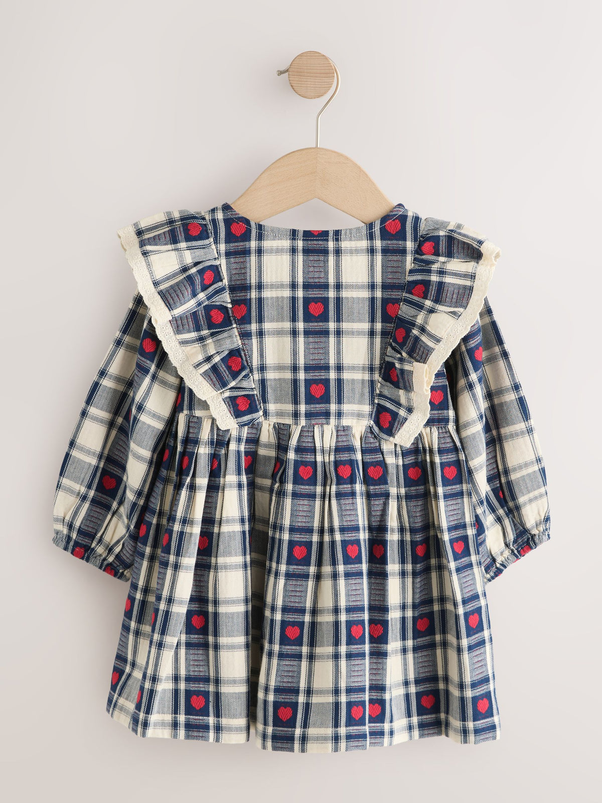 Navy Blue Heart Check Frill Collar Long Sleeve Dress (3mths-8yrs)