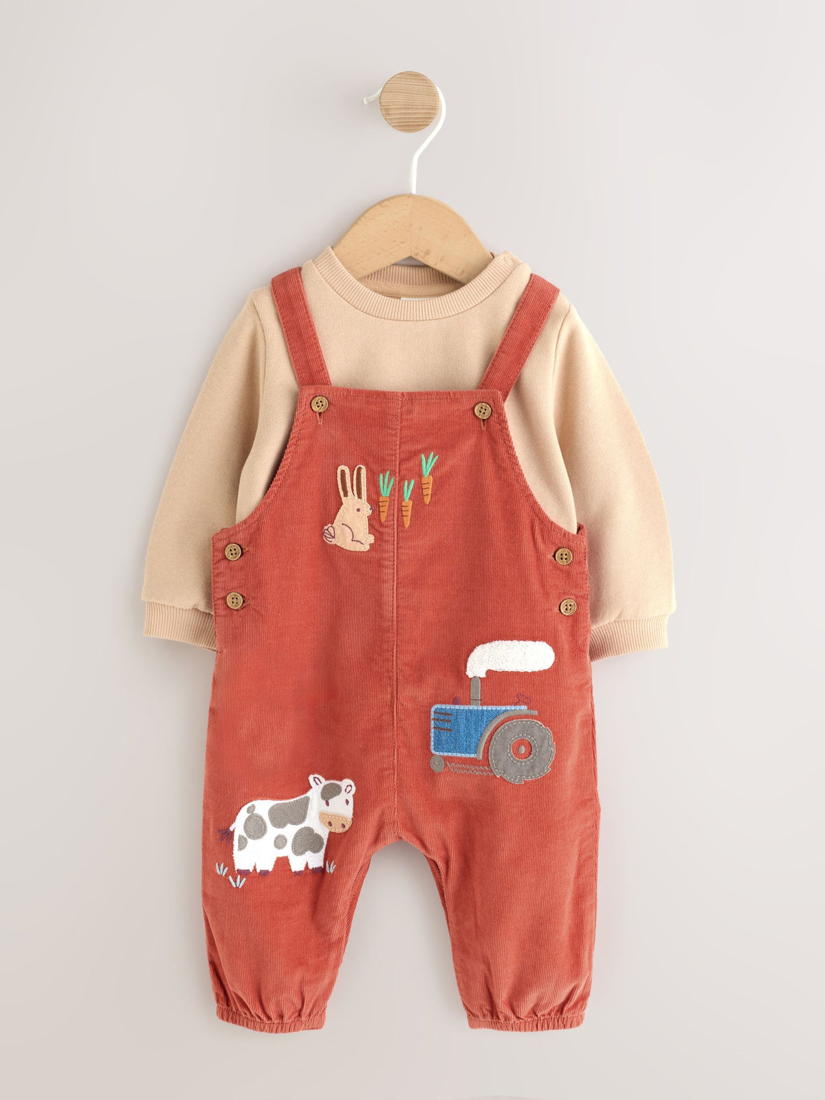 Rust Brown Farmyard Cord Dungarees and Bodysuit Baby Set (0mths-3yrs)