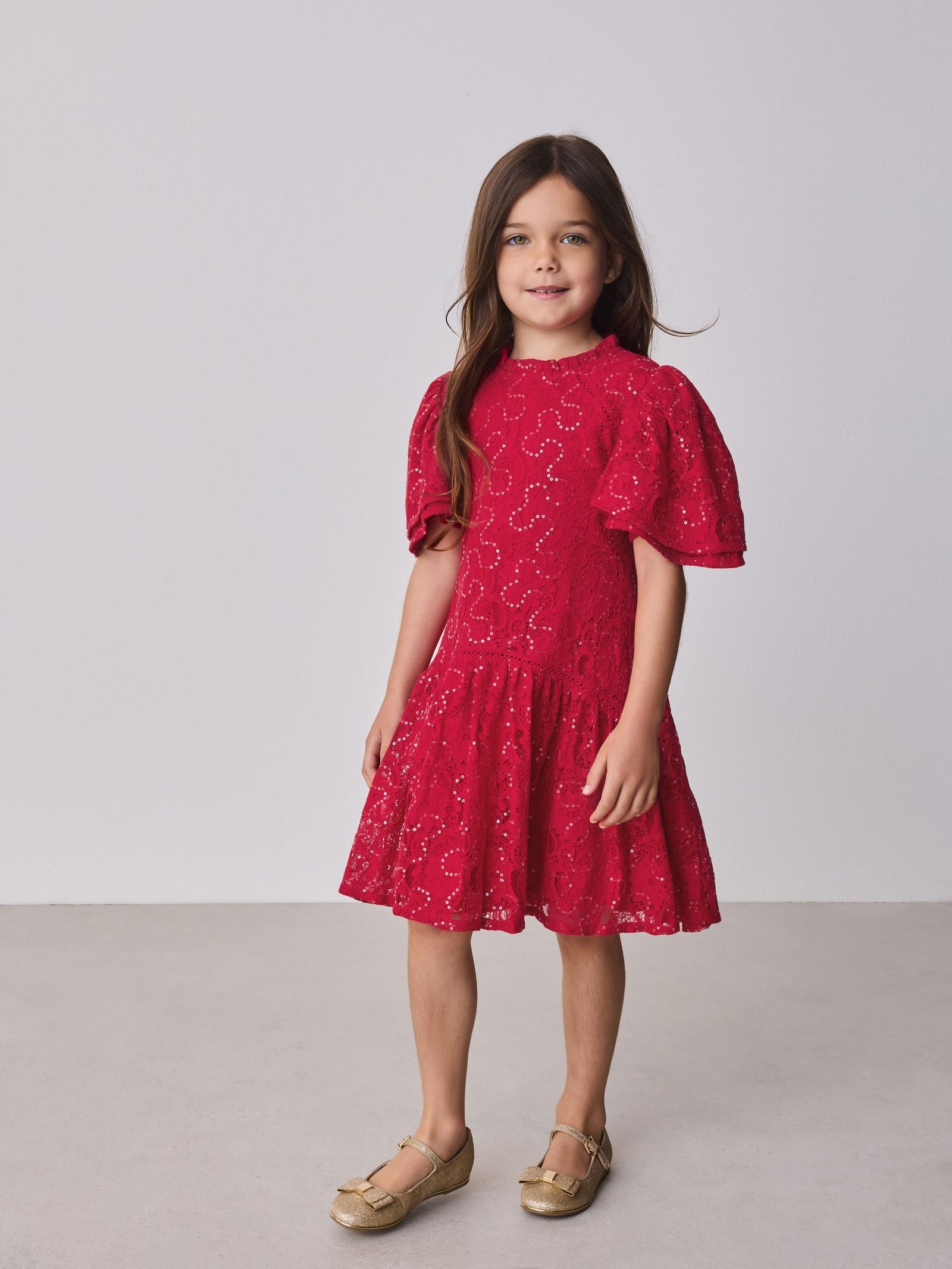 Baker by Ted Baker Red Sequin Lace Angel Sleeve Dress