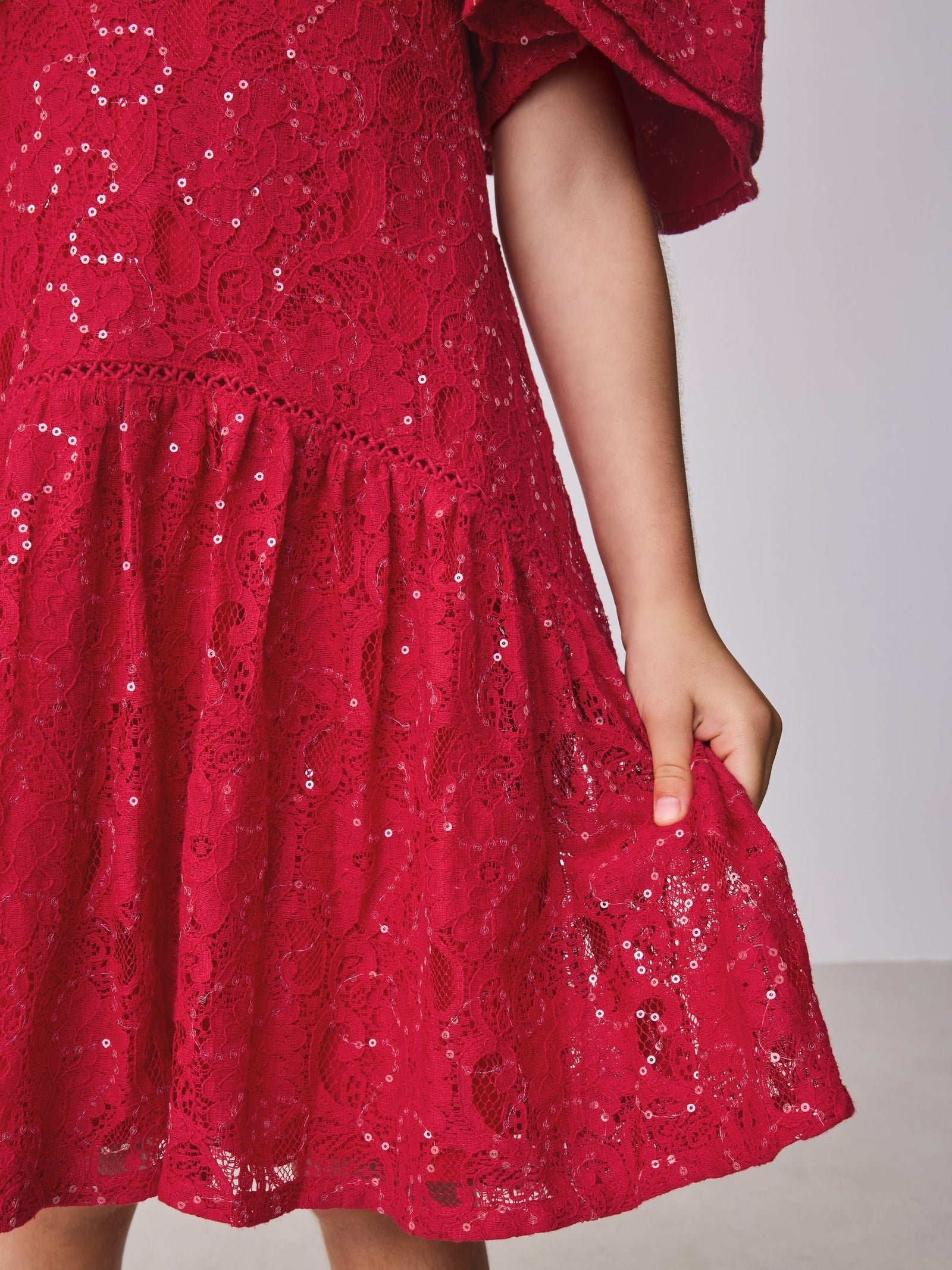 Baker by Ted Baker Red Sequin Lace Angel Sleeve Dress