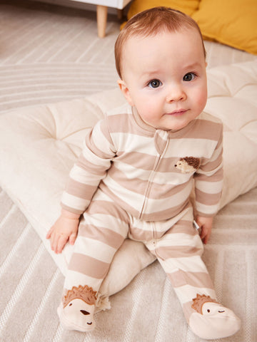 JoJo Maman Bébé Brown Hedgehog Wide Stripe Character Footed Sleepsuit