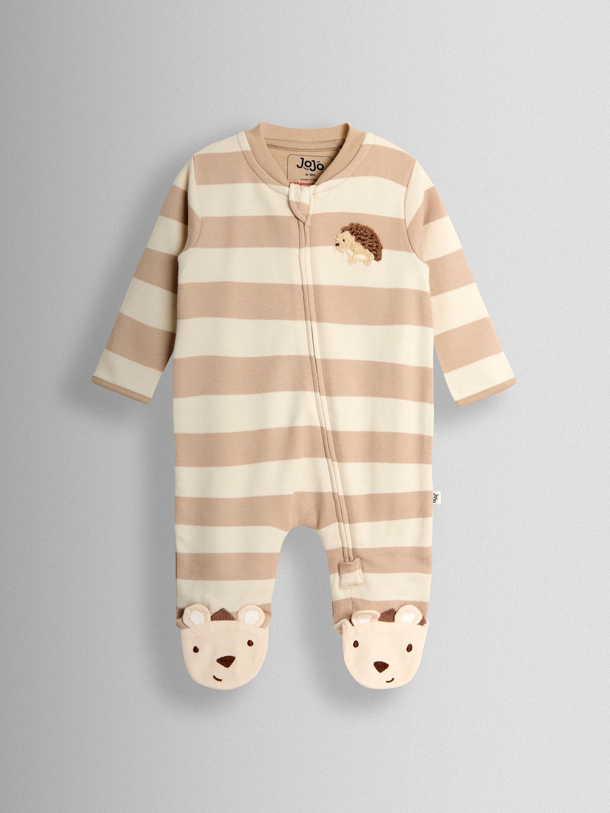 JoJo Maman Bébé Brown Hedgehog Wide Stripe Character Footed Sleepsuit