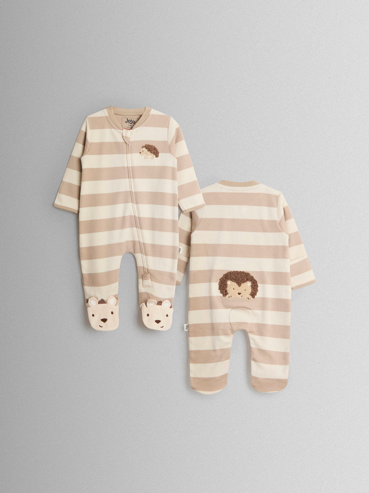 JoJo Maman Bébé Brown Hedgehog Wide Stripe Character Footed Sleepsuit