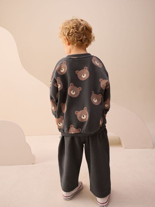 Charcoal Grey Bear All Over Single Sweatshirt And Stripe Joggers Set (3mths-7yrs)