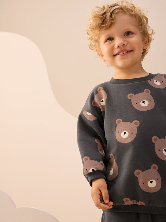 Charcoal Grey Bear All Over Single Sweatshirt And Stripe Joggers Set (3mths-7yrs)