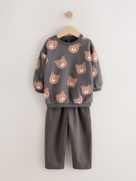 Charcoal Grey Bear All Over Single Sweatshirt And Stripe Joggers Set (3mths-7yrs)