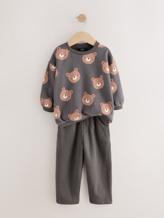 Charcoal Grey Bear All Over Single Sweatshirt And Stripe Joggers Set (3mths-7yrs)