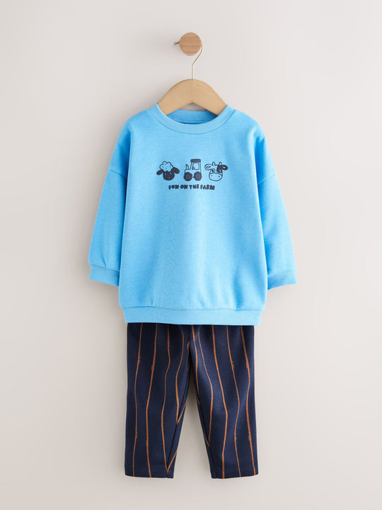 Blue Farm Animal Single Sweatshirt And Stripe Joggers Set (3mths-7yrs)