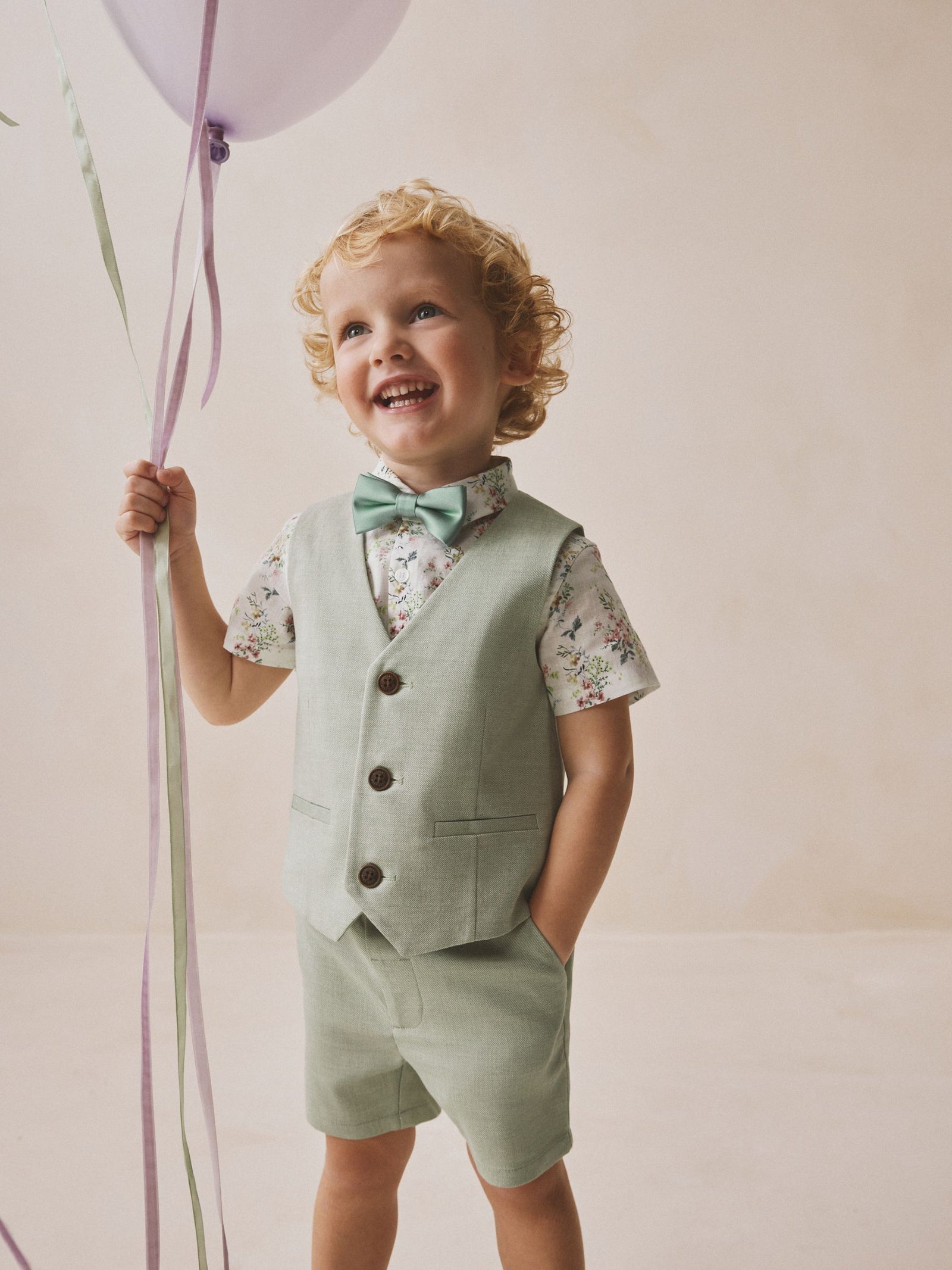 Sage Green Waistcoat, Shirt, Shorts & Tie Set (3mths-9yrs)