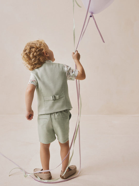 Sage Green Waistcoat, Shirt, Shorts & Tie Set (3mths-9yrs)