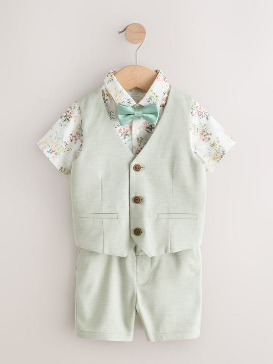 Sage Green Waistcoat, Shirt, Shorts & Tie Set (3mths-9yrs)