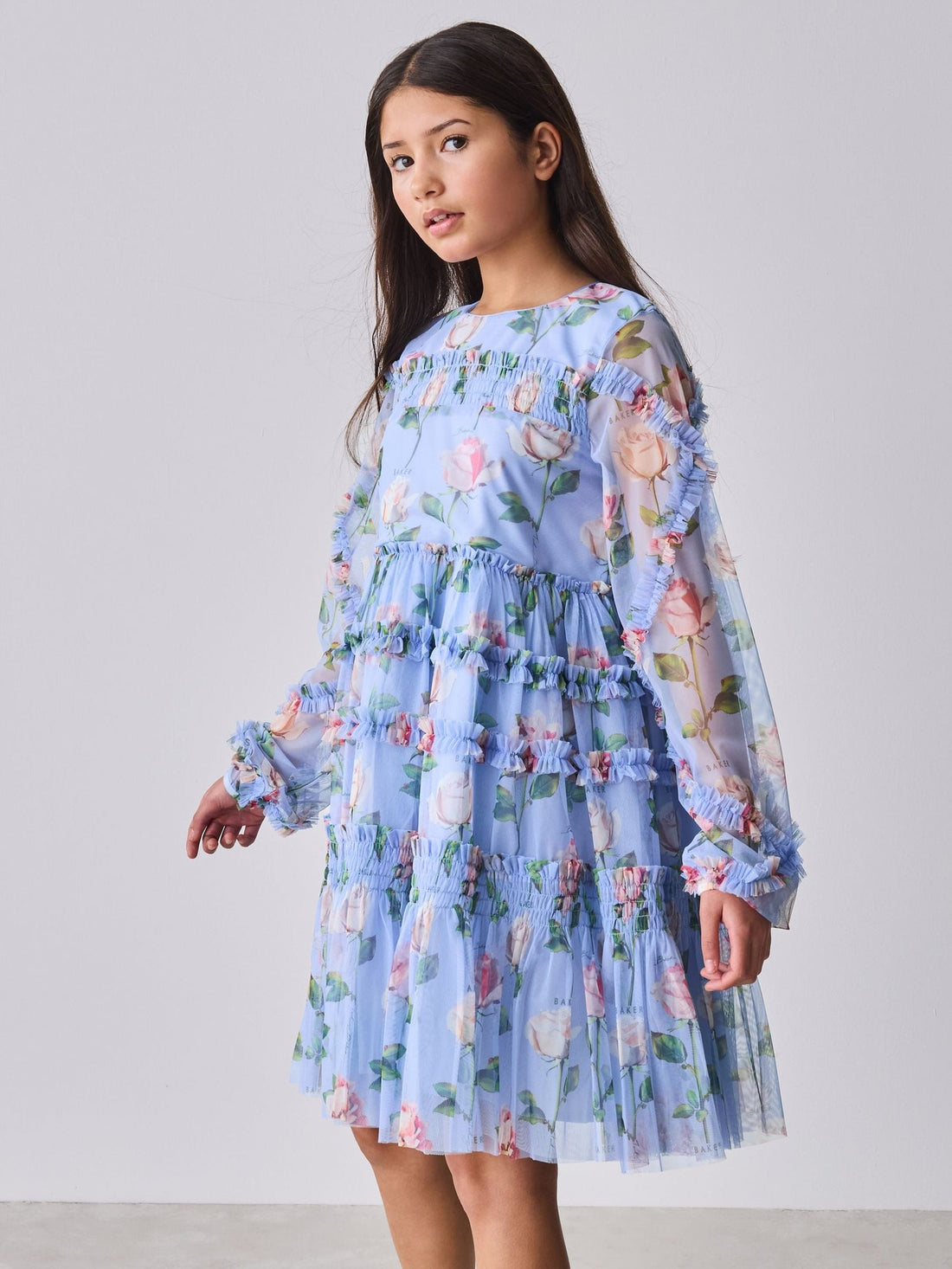 Baker by Ted Baker Blue Floral Mesh Ruffle Dress