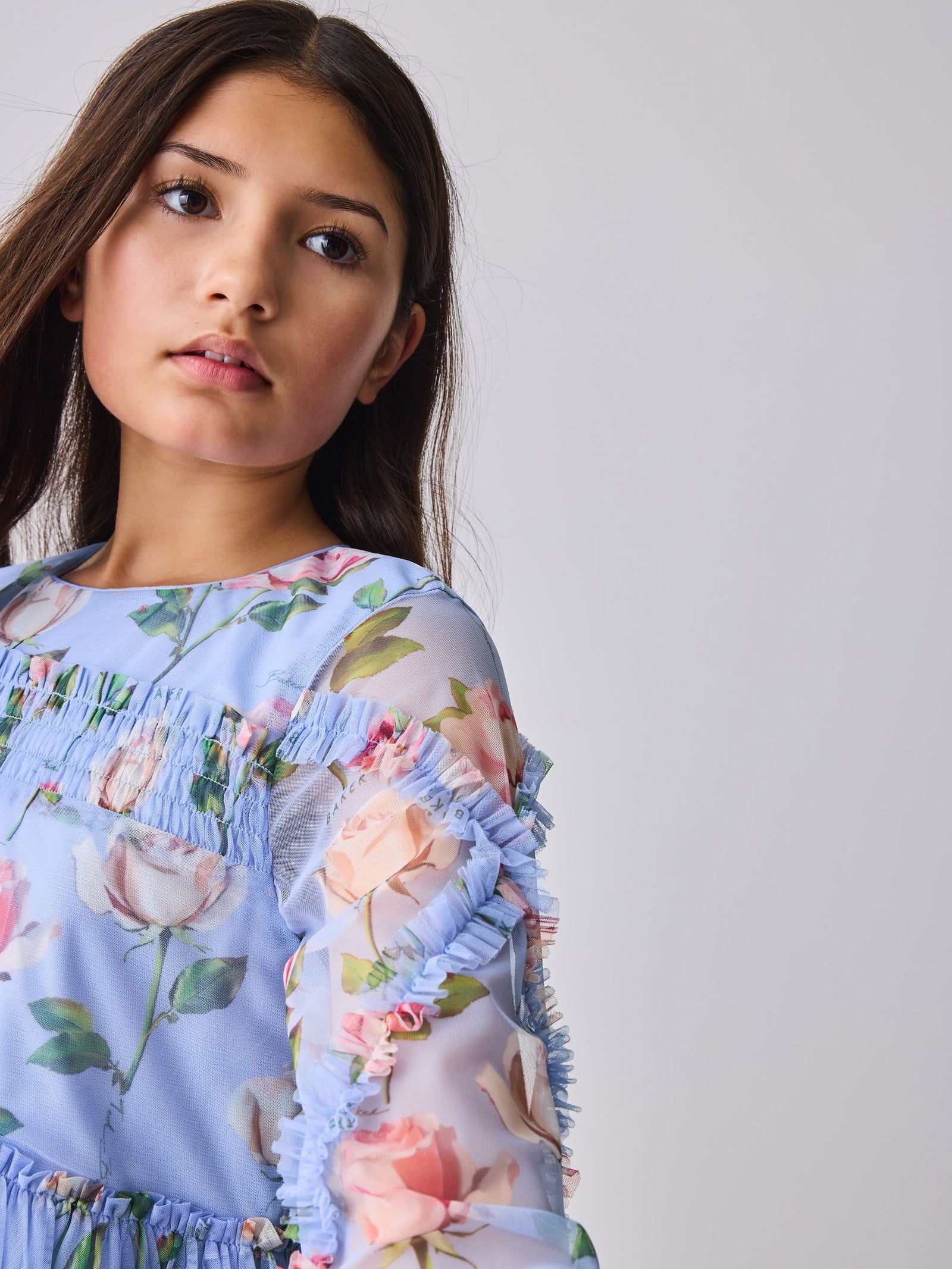 Baker by Ted Baker Blue Floral Mesh Ruffle Dress