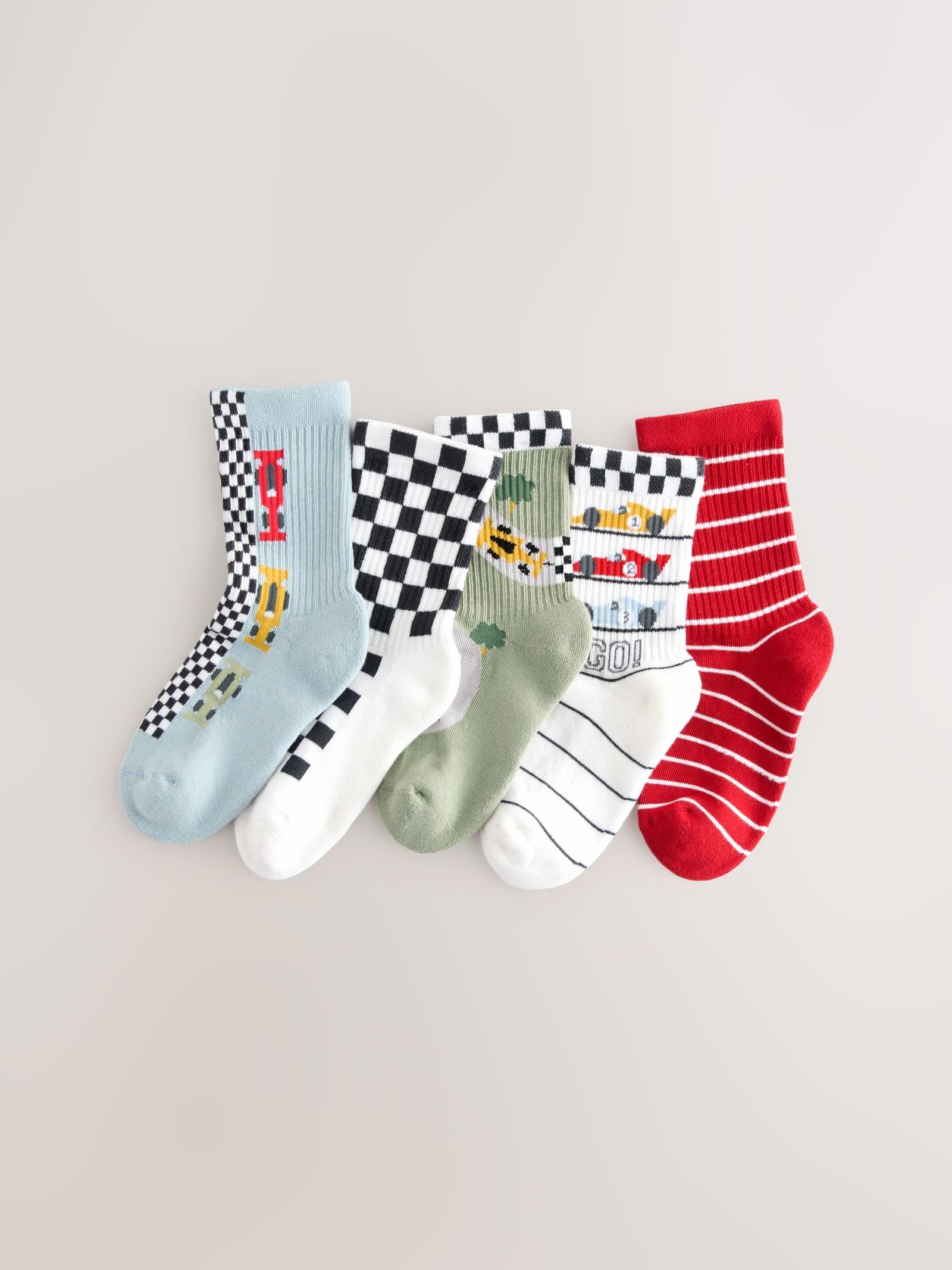 Red/White Race Cars Cushioned Footbed Cotton Rich Ribbed Socks 5 Pack