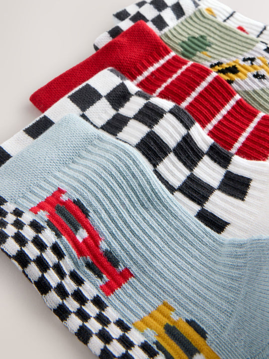 Red/White Race Cars Cushioned Footbed Cotton Rich Ribbed Socks 5 Pack