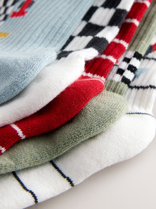 Red/White Race Cars Cushioned Footbed Cotton Rich Ribbed Socks 5 Pack