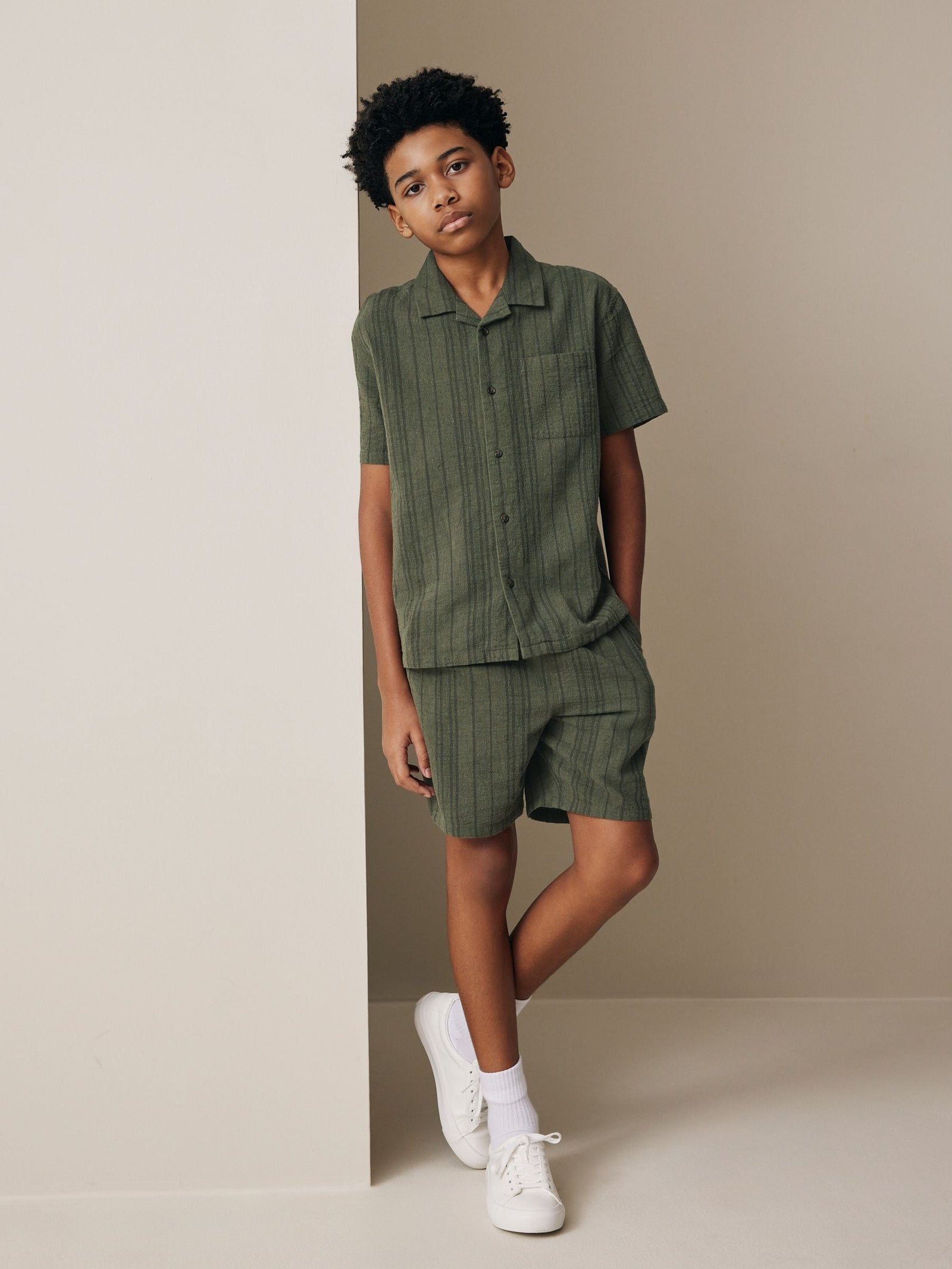 Khaki Green Short Sleeve Textured Shirt and Shorts Set (3-16yrs)